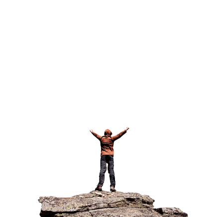 Man standing on the top of the mountain isolated on whiteの写真素材