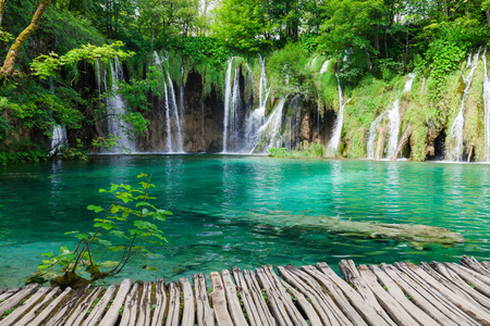 Beautiful summer green forest waterfall. Plitvice National Park, Croatia.の写真素材