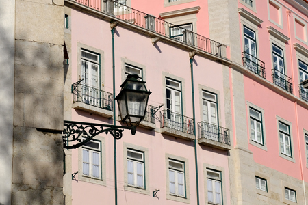 City lantern at European old town street, Lisbon, Portugalのeditorial素材