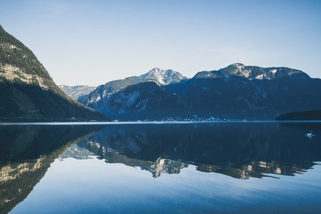 Alpine mountain lake reflection. Hallstatt, Austriaの写真素材