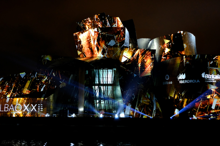 BILBAO, SPAIN - OCTOBER 11, 2017: Light show at Guggenheim Museum in Bilbao, Spainのeditorial素材
