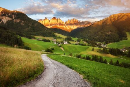 St. Magdalena village, Val di Funes, Dolomites Alps, Italy, Europeの写真素材