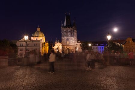 Charles Bridge in Prague at night, Czech Republicの写真素材
