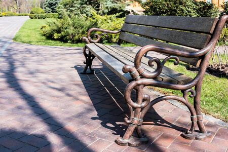 Green city park alley with wooden benchの写真素材