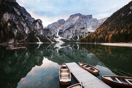 Boats on Lago di Braies mountain lake. Dolomites Alps, Italyの写真素材