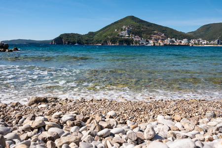 Mediterranean beach panorama view. Blue summer sky over Adriatic Sea landscape. Montenegro. Europe.の写真素材