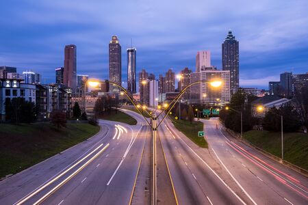 Atlanta skyline and highway at night, Georgia, USAの写真素材