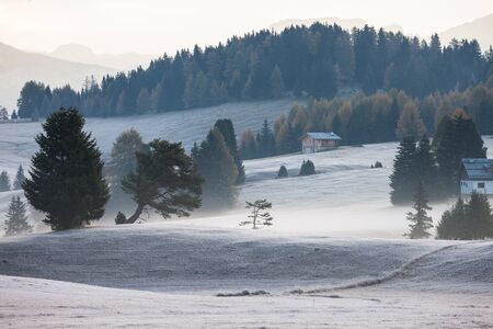 Wonderful Alpine landscape of autumn foggy morning. Seiser Alm, Alpe di Siusi with Langkofel...