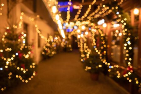 Christmas trees and lights decoration blured background. An abstract blur image of Christmas trees in New York City.の写真素材