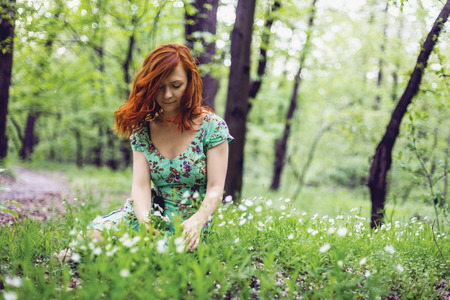Girl sitting in the flower fieldの写真素材