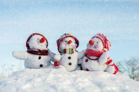 Happy snowman family with hats n the snowの写真素材