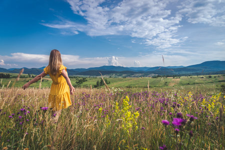 Woman in yellow dress staying at the green meadow in the mountainの写真素材