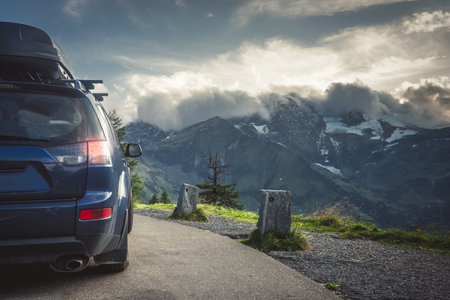 Car on the road in the mountains. Travel and adventure concept.の写真素材