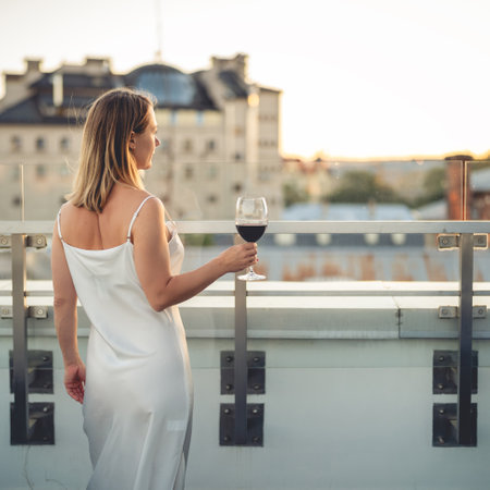 Woman holding glass of wine. Woman looking at view on city.の写真素材
