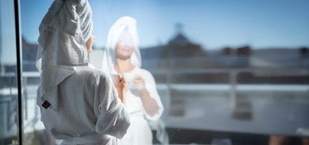 Back view of young woman with towel on her head looking out the windowの写真素材