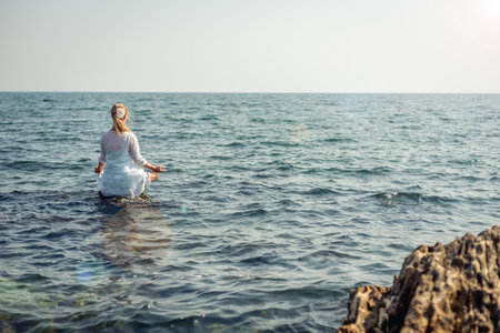 serenity and yoga practicing at sunset, meditation