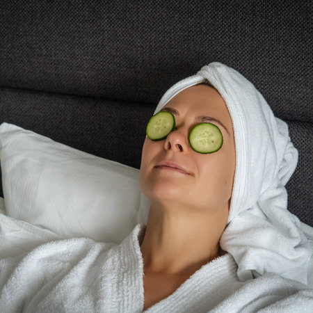 young woman getting eye nature treatment by cucumber at luxury spa resort. Wellness and healing concept.の写真素材
