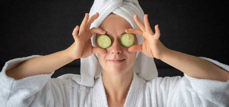 young woman getting eye nature treatment by cucumber at luxury spa resort. Wellness and healing concept.の写真素材