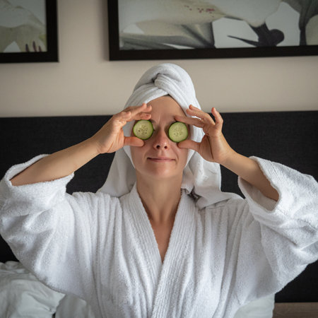 young woman getting eye nature treatment by cucumber at luxury spa resort. Wellness and healing concept.の写真素材