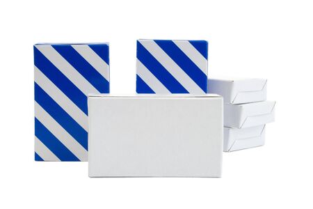 Blue striped and white carton boxes isolated on white backgroundの写真素材