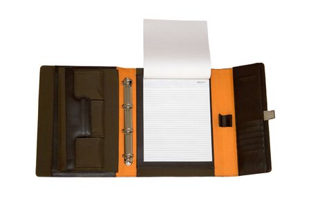 Opened portfolio case with space for text, isolated on white.の写真素材