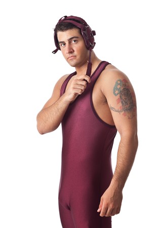 Young adult male wrestler. Studio shot over white.の写真素材