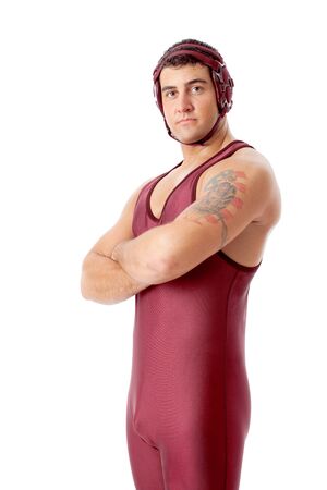 Young adult male wrestler. Studio shot over white.の写真素材