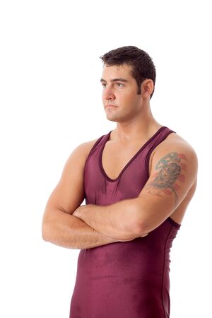 Young adult male wrestler. Studio shot over white.の写真素材