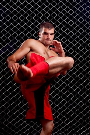 Mixed martial artist posed in front of chain linkの写真素材