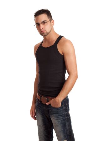 Man in Black Shirt and Jeansの写真素材