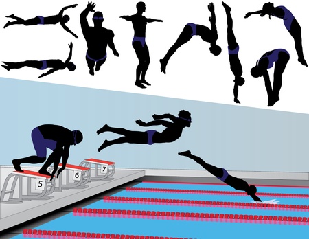 Vector silhouettes of competitive swimmers and divers.のイラスト素材