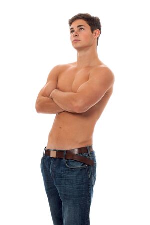 Attractive shirtless man. Studio shot over white.の写真素材