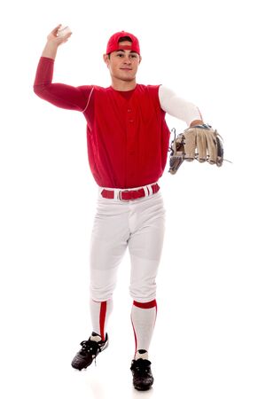 Baseball player fielding. Studio shot over white.の写真素材