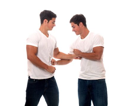 Casual twin brothers. Studio shot over white.の写真素材