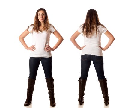 Casual young woman front and back. Studio shot over white.の写真素材