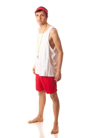 Young adult male lifeguard. Studio shot over white.の写真素材