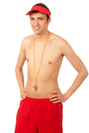 Young adult male lifeguard. Studio shot over white.の写真素材