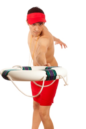 Young adult male lifeguard. Studio shot over white.の写真素材