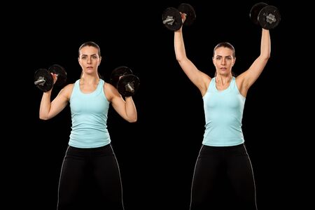 Shoulder press exercise  Studio shot over black の写真素材