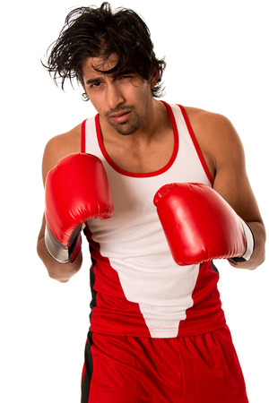 Male boxer in red. Studio shot over white.の写真素材