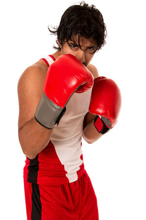 Male boxer in red. Studio shot over white.の写真素材