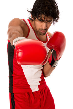 Male boxer in red. Studio shot over white.の写真素材