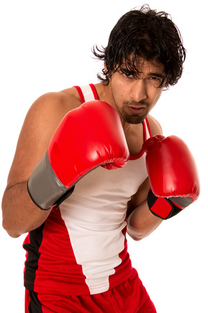 Male boxer in red. Studio shot over white.の写真素材