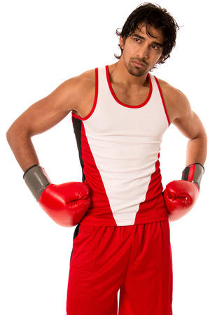 Male boxer in red. Studio shot over white.の写真素材