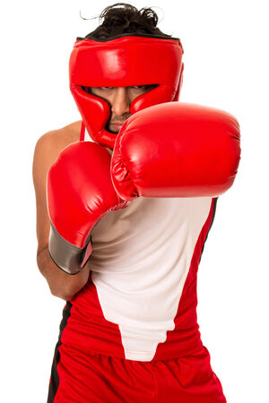 Male boxer in red. Studio shot over white.の写真素材