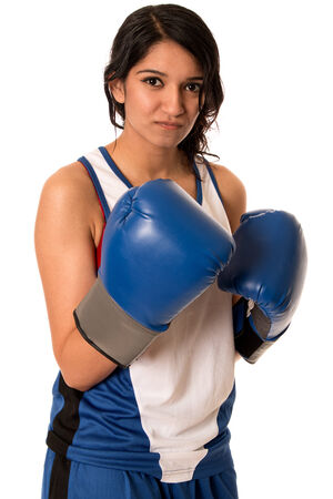 Female boxer in blue. Studio shot over white.の写真素材