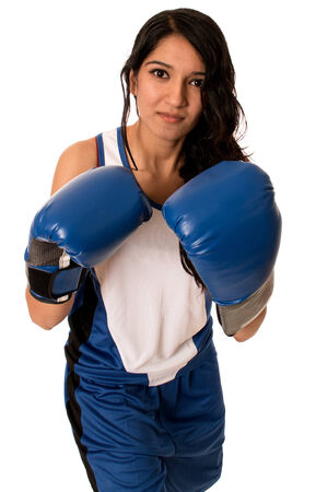 Female boxer in blue. Studio shot over white.の写真素材