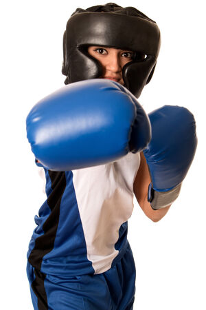 Female boxer in blue. Studio shot over white.の写真素材