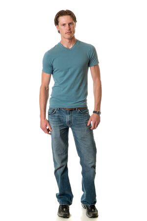 Casual young adult man. Studio shot over white.の写真素材