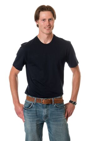 Casual young adult man. Studio shot over white.の写真素材
